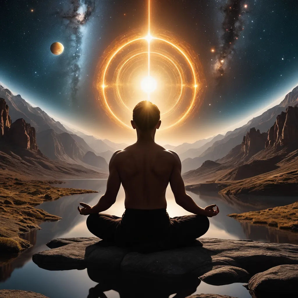 a man sitting in a lotus position in front of a body of water with a bright ring in the middle of the image, space art, digital art, Alex Grey, centered