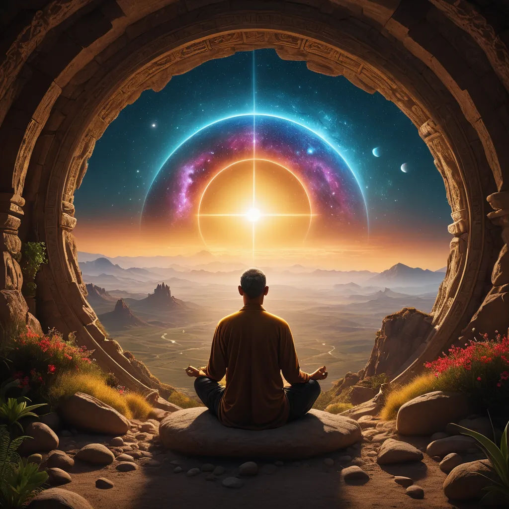a man sitting in a meditation position in front of a window with a view of the sky and planets, fantasy art, digital art, Chris LaBrooy, fantasy artwork