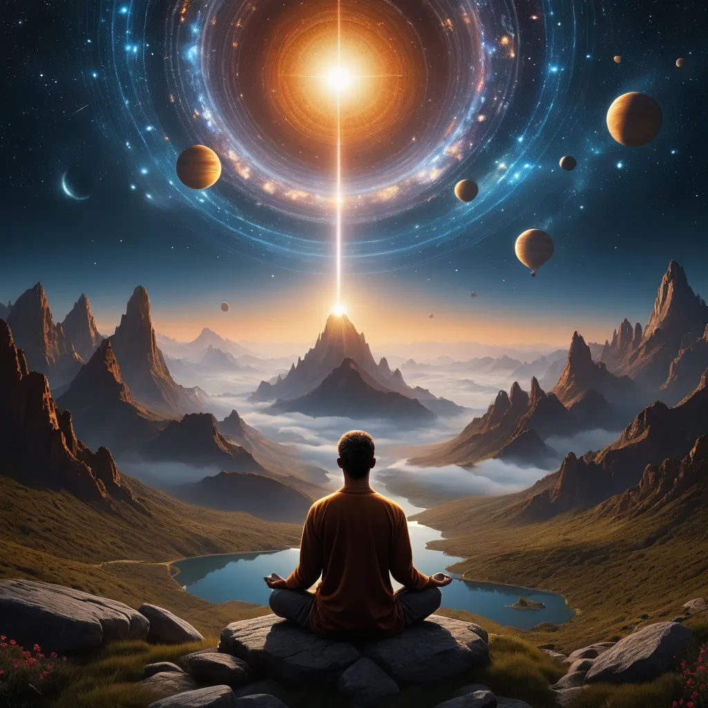 a man sitting in a meditation position in front of a landscape with planets and stars in the sky and a star in the middle of the sky, fantasy art, digital art, Christophe Vacher, fantasy artwork