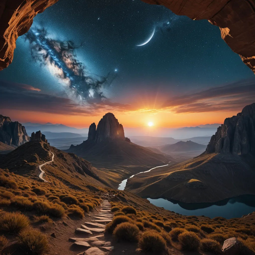 a view of a mountain range with a river running through it and a star filled sky above it, with a bright orange glow, space art, a detailed matte painting, David Martin, award - winning photo