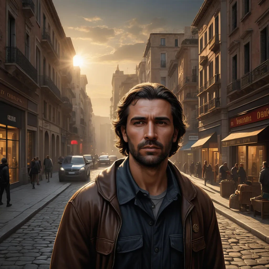 a man standing in the middle of a street in a city at sunset with a car parked on the side of the street, photorealism, a character portrait, Alejandro Burdisio, highly detailed digital painting