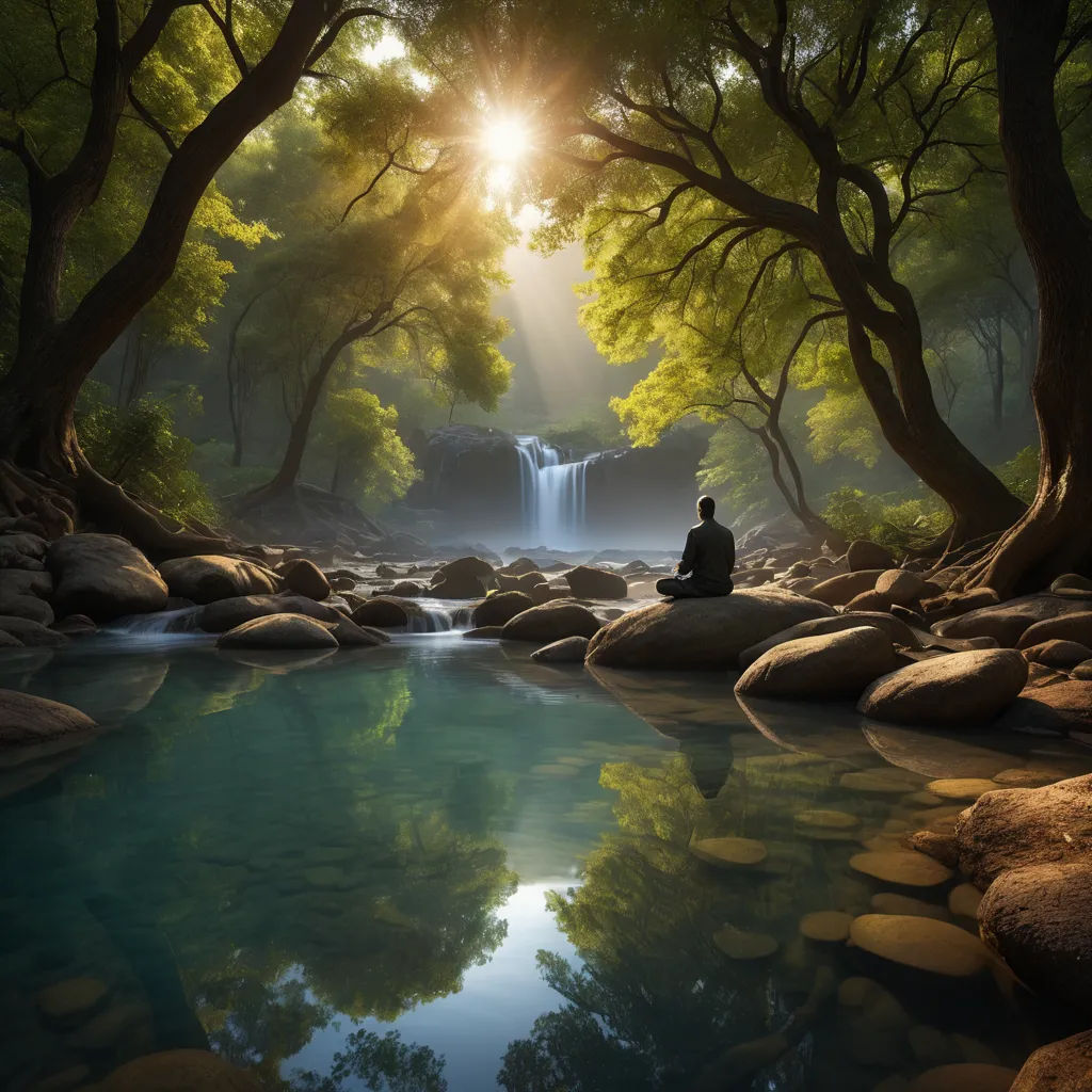 a person sitting on a rock in a forest with a waterfall in the background and a bright sun shining through the trees, naturalism, a matte painting, Choi Buk, tranquil