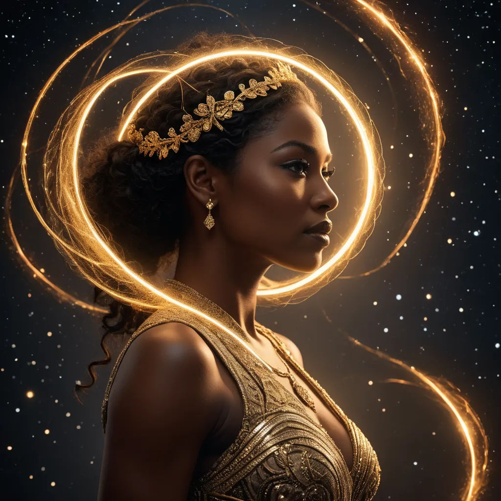 a woman with a gold dress and a gold headpiece with a circular design on her head and a star background, afrofuturism, a poster, Constance Gordon-Cumming, promotional image