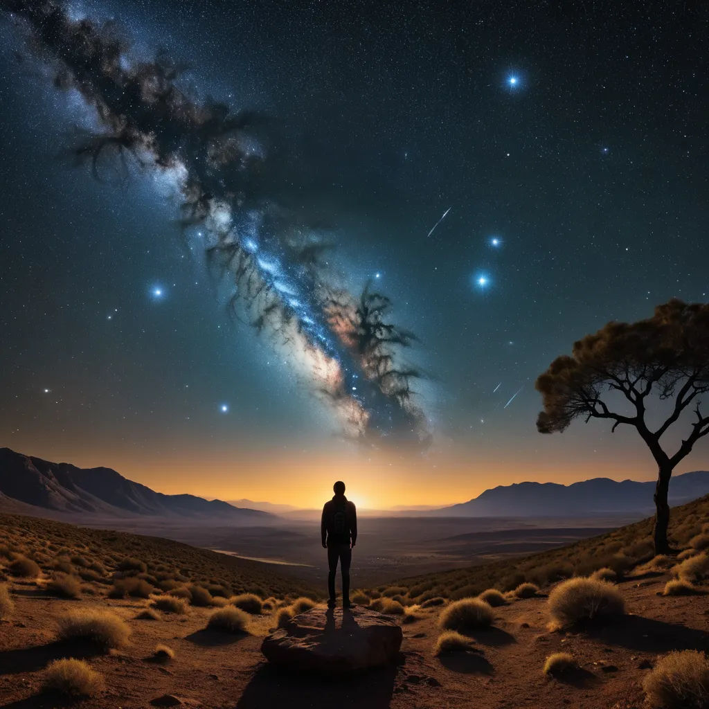 a man standing on a rock looking at the stars in the sky above him and a tree in the foreground, space art, a detailed matte painting, Filip Hodas, sense of awe