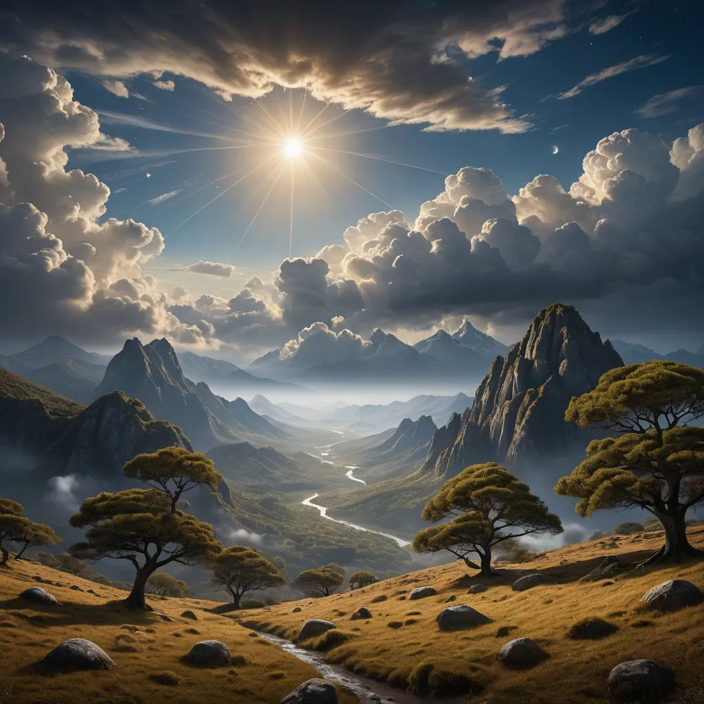 a painting of a mountain landscape with a river running through it and a sun shining over the mountains in the distance, fantasy art, a detailed matte painting, David Martin, matte painting