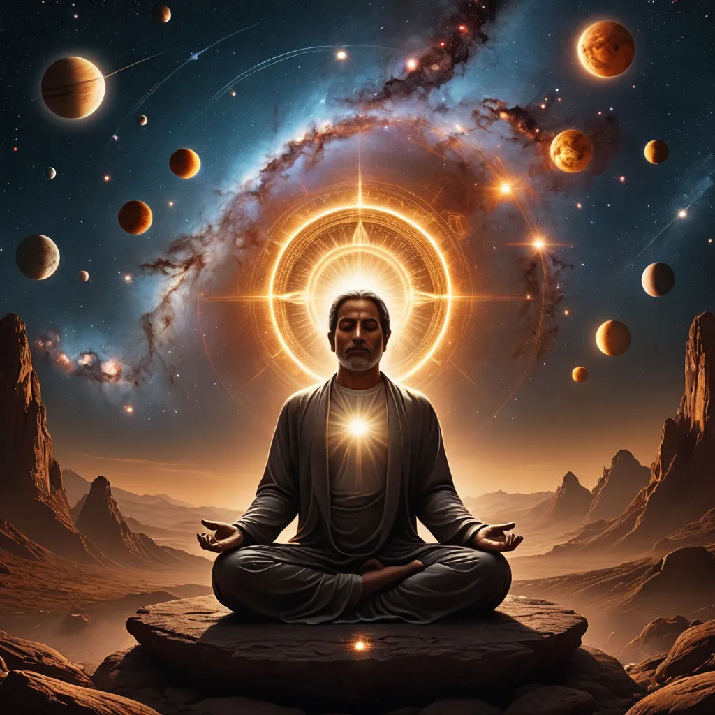a man sitting in a lotus position in front of a solar system with planets and stars in the background, rayonism, digital art, Bholekar Srihari, dmt
