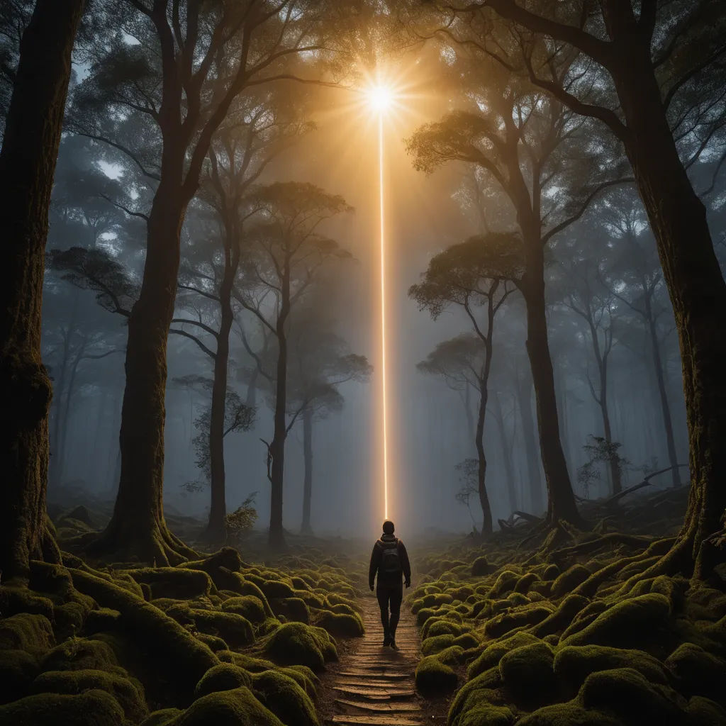 a person walking down a path in the middle of a forest with a light beam in the middle of the forest, light and space, a matte painting, Filip Hodas, volumetric light