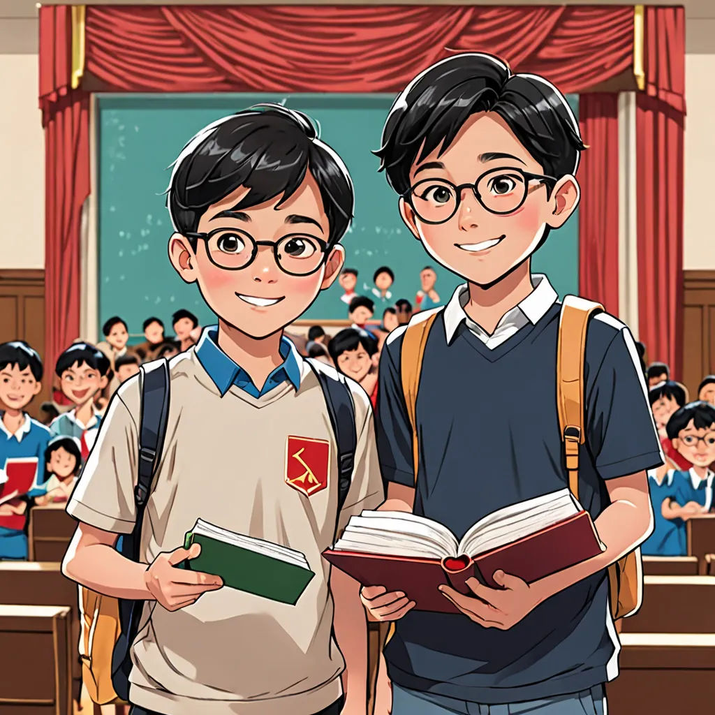 two boys standing next to each other in front of a classroom full of students with books in their hands, socialist realism, a comic book panel, Bian Jingzhao, official art