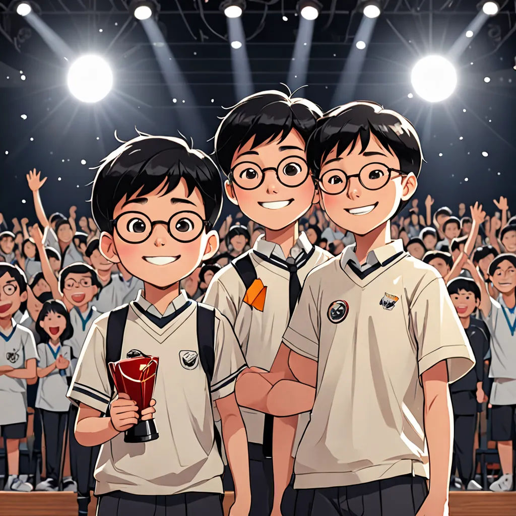 a group of young men standing next to each other on a stage with a crowd of people behind them, sots art, concept art, Chen Hong, official art