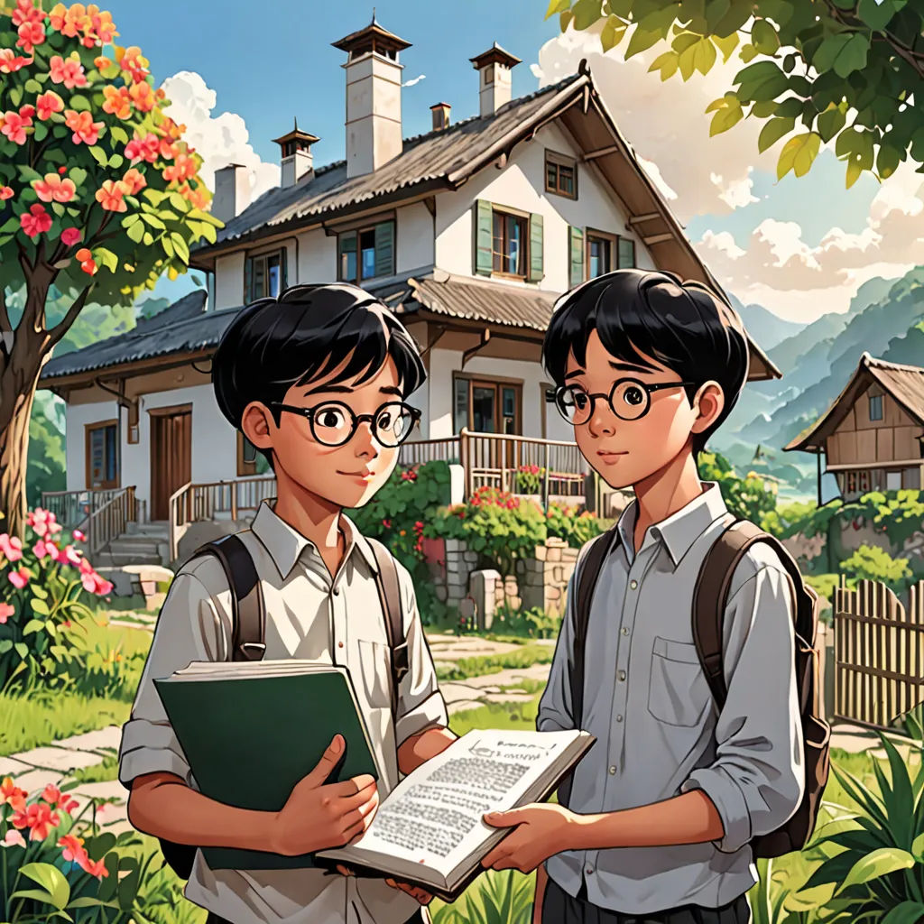 two boys are standing in front of a house holding a book and a book bag, and a book in front of them, vancouver school, a storybook illustration, Brothers Hildebrandt, official art