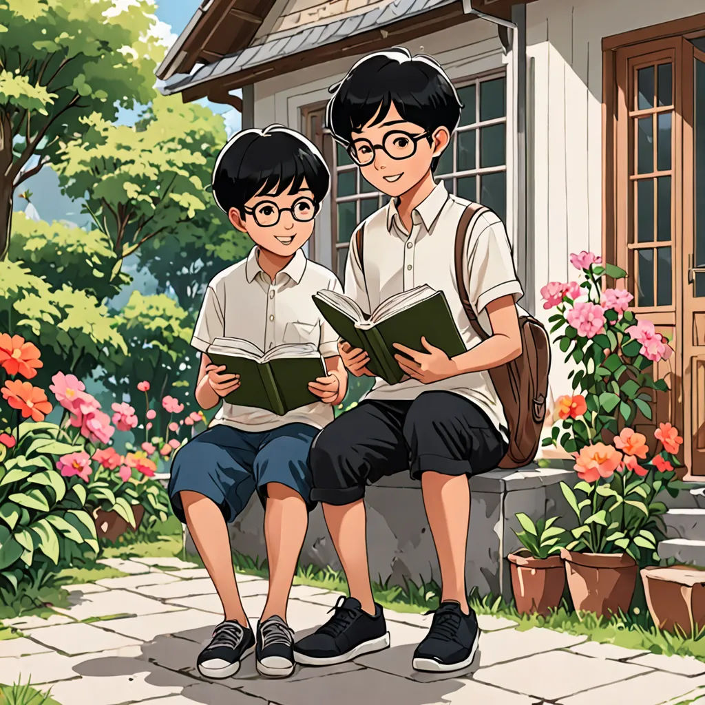 a couple of people sitting on a bench reading a book together in front of a house with flowers and trees, environmental art, a painting, Brothers Hildebrandt, official art