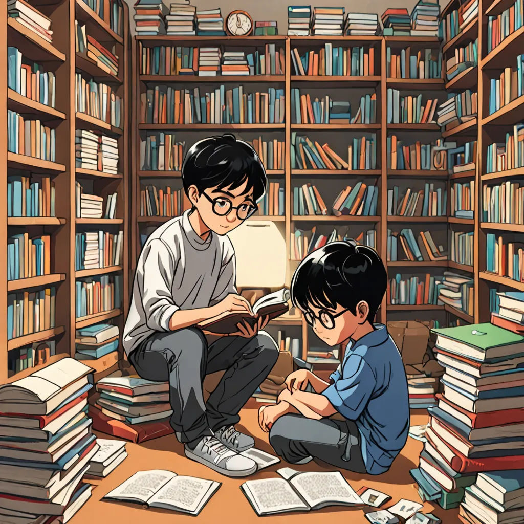 a boy and a boy sitting on the floor in front of a bookcase full of books and a lamp, magic realism, a storybook illustration, Arthur Pan, official art