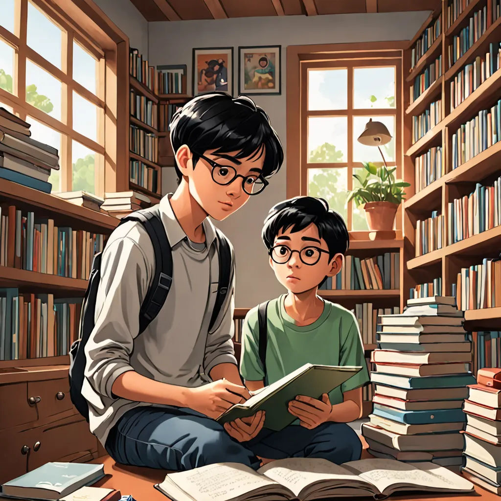 a man and a boy are sitting on a table in front of a bookcase full of books and looking at a book, photorealism, a storybook illustration, Brothers Hildebrandt, official art