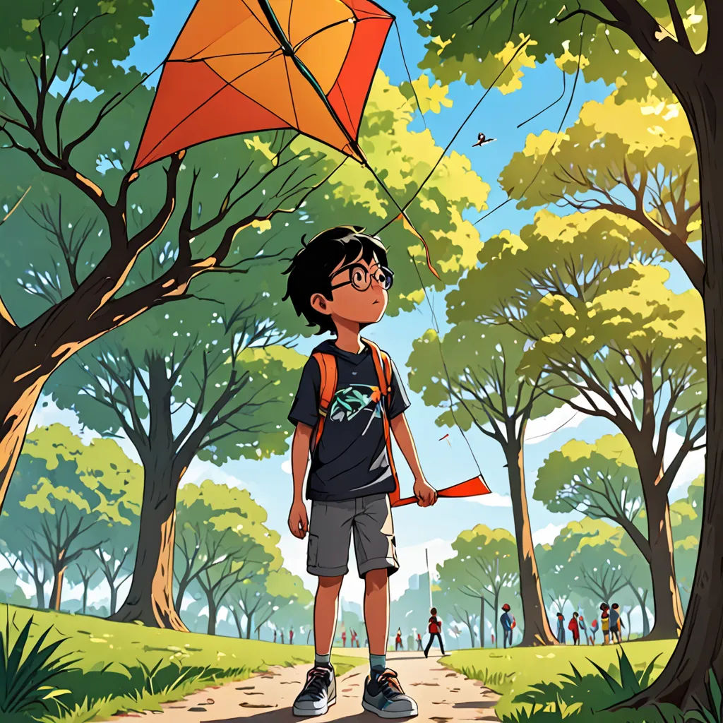 a boy standing in a park with a kite in the air above him and a tree in the background, private press, poster art, Diego Gisbert Llorens, color page