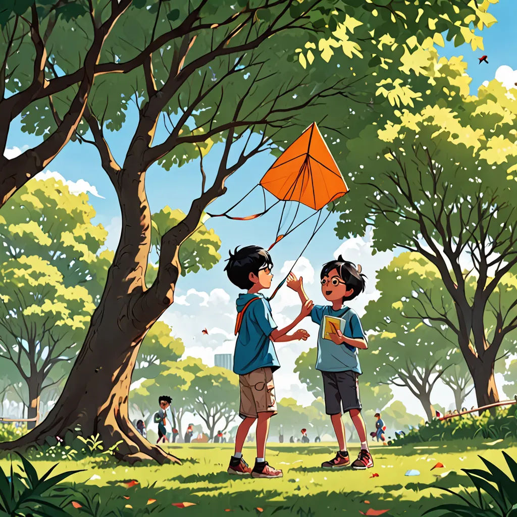 two children are flying a kite in a park with trees and people in the background, one boy is holding the string, plein air, a storybook illustration, Asaf Hanuka, rossdraws global illumination