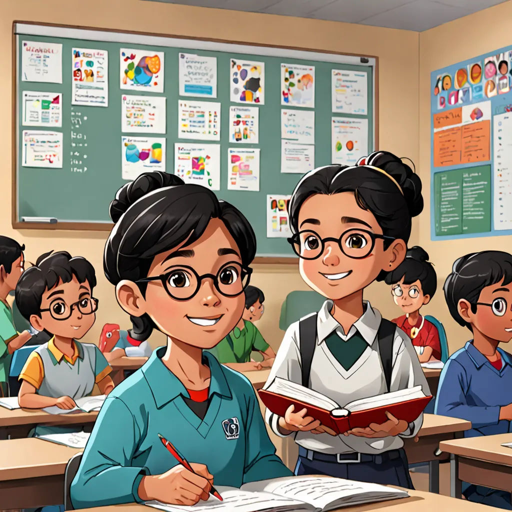 a cartoon of a girl in a classroom with other children in the background and a teacher in the foreground, bengal school of art, a comic book panel, Basuki Abdullah, official art