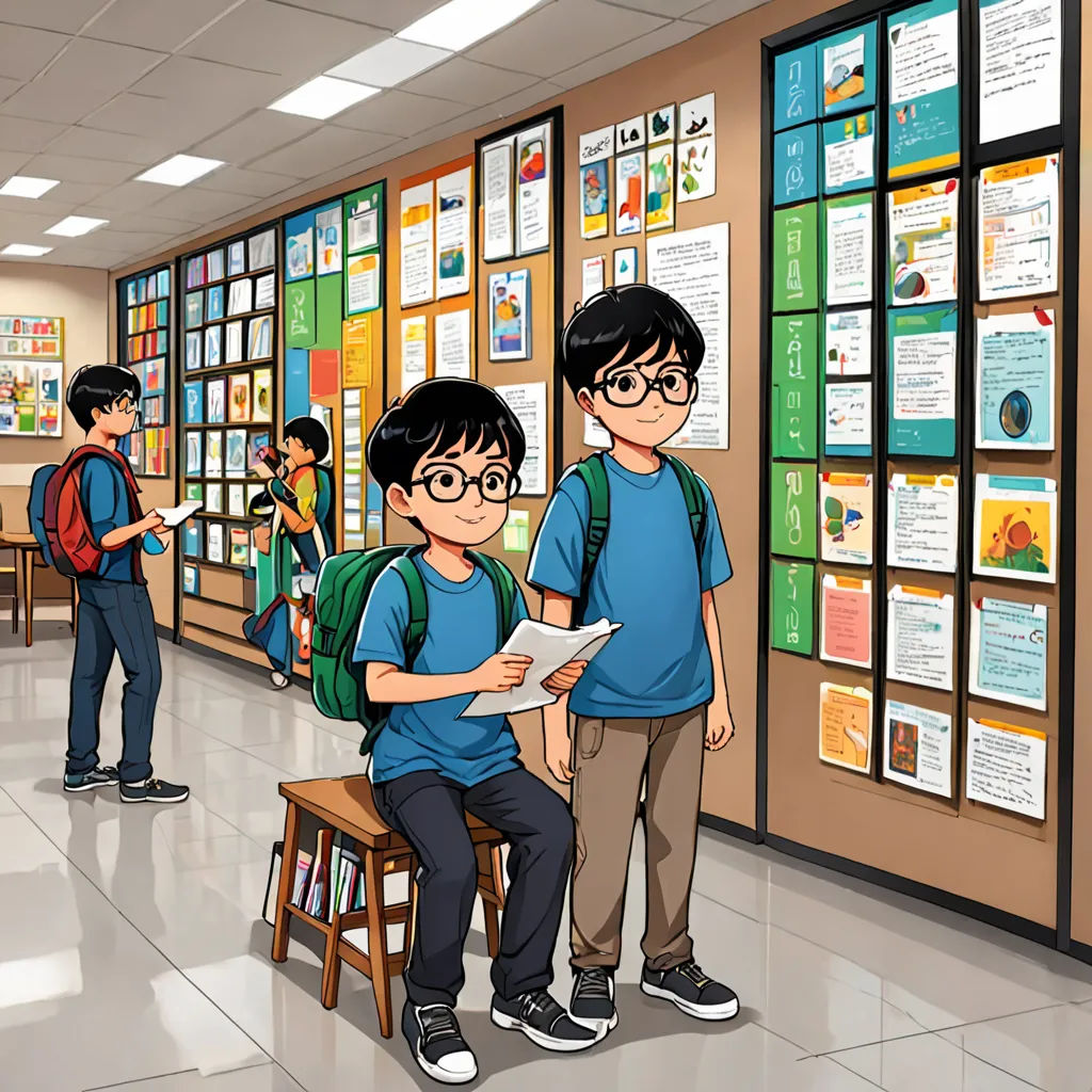 a group of young people standing in a room with posters on the wall and a boy sitting on a stool, academic art, a comic book panel, Abidin Dino, official art