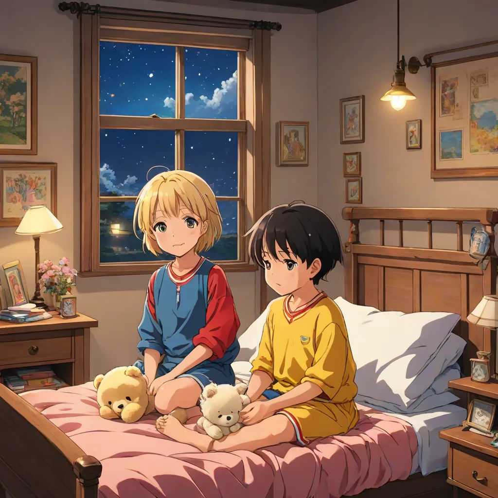 two children sitting on a bed with teddy bears in a bedroom with a window and a night sky outside, artist, remodernism, a painting, official art