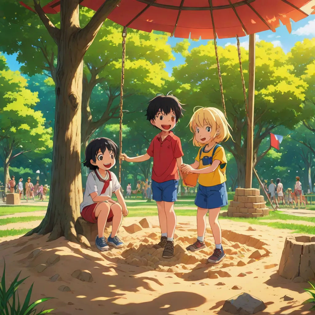 a group of children standing next to each other under a red umbrella in a park with people sitting on the ground, disney, american scene painting, a painting, official art