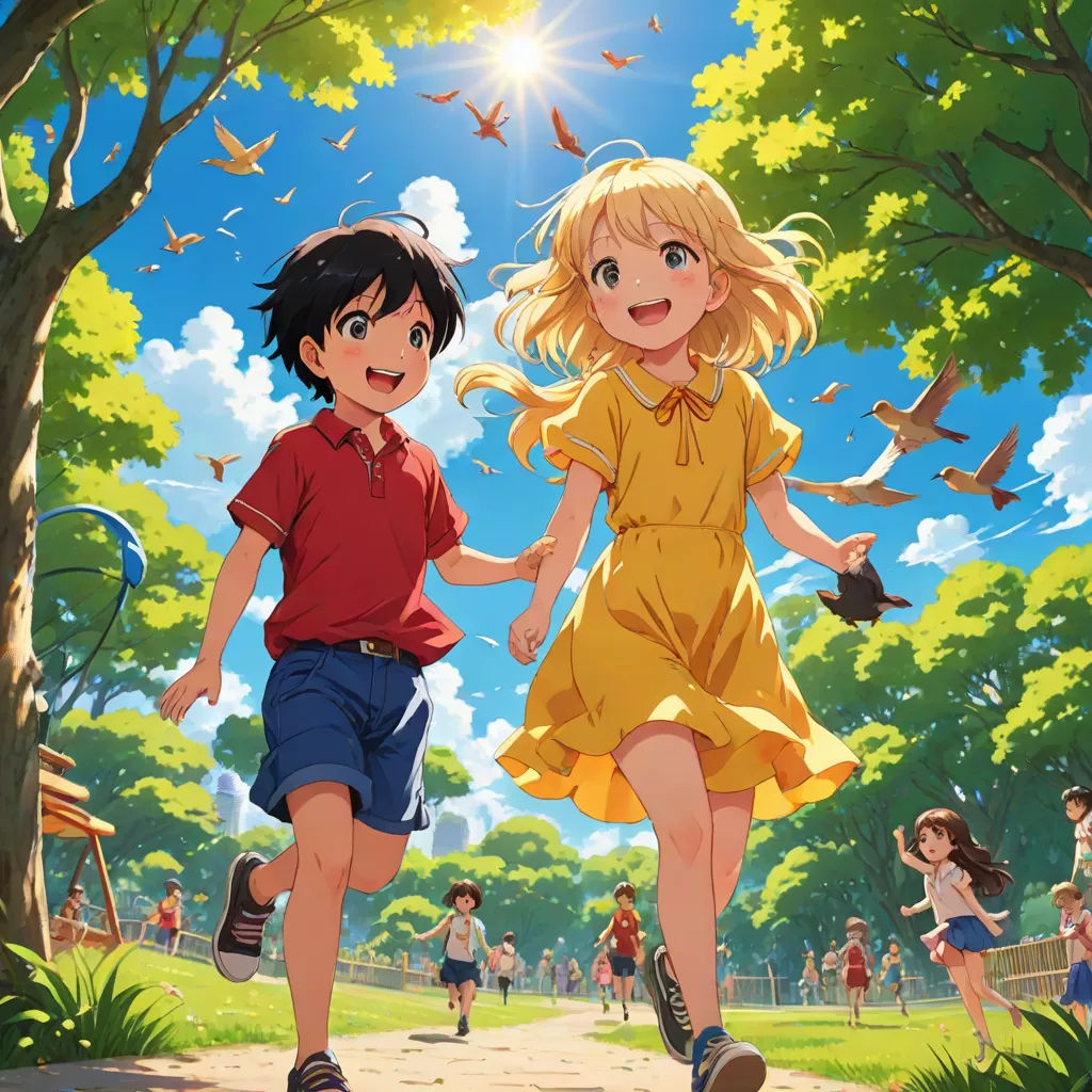 a couple of kids running across a park together in the daytime time, with a bird flying overhead and a tree in the foreground, Ei-Q, rayonism, poster art, official art