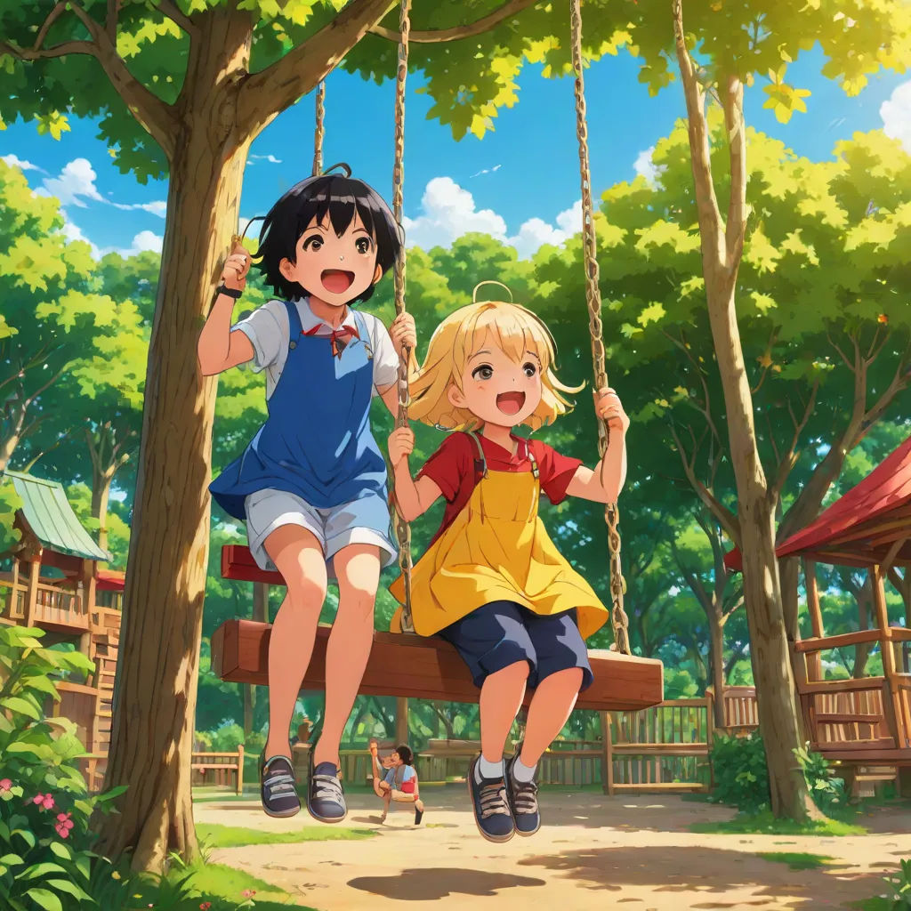 a couple of kids sitting on a swing in a park together, with a girl holding a girl's hand, disney, rayonism, a detailed matte painting, official art