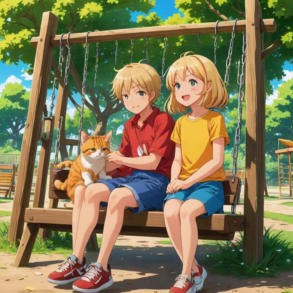 a couple of people sitting on a swing with a cat in front of them and a cat on the ground, Armin Hansen, rayonism, a detailed painting, official art