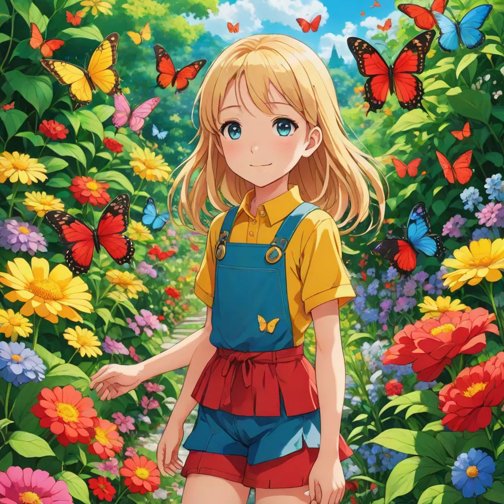 a girl in a field of flowers with butterflies flying above her head and a butterfly in the background, with a butterfly in the foreground, Alice Prin, color field, a painting, official art