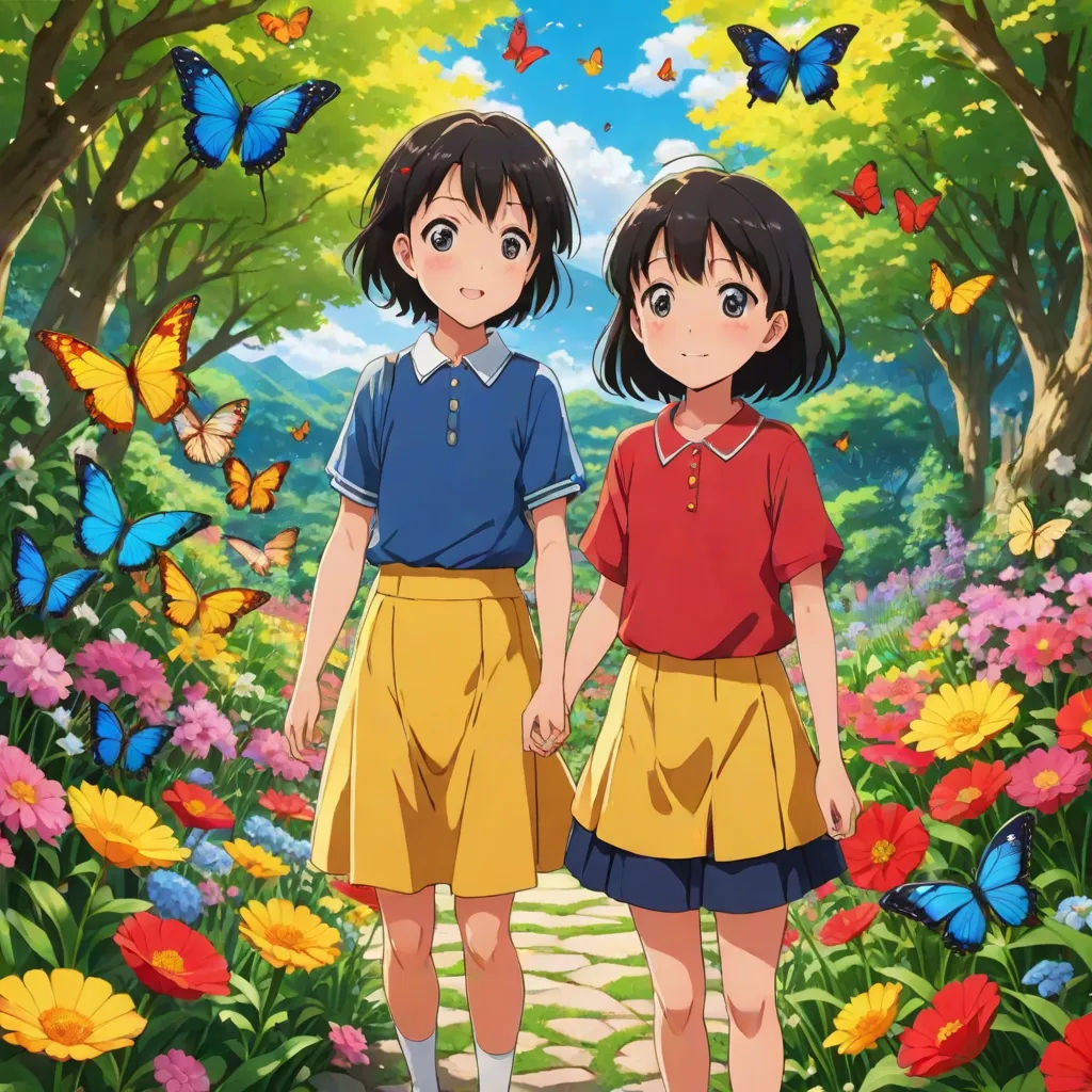 two girls walking through a field of flowers and butterflies with butterflies flying overhead in the background, and a butterfly - themed background, Ai-Mitsu, visual art, poster art, kyoto animation