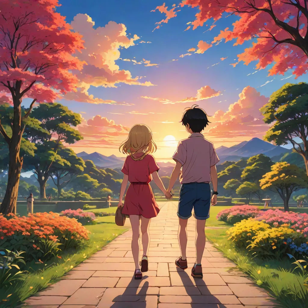 a couple walking down a path holding hands under a sunset sky with trees and flowers in the background and a path leading to a park, Anne Said, neo-romanticism, a matte painting, official art