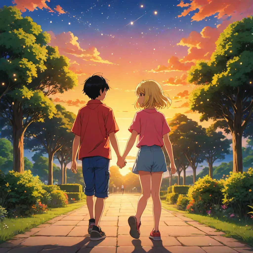 two people walking down a path holding hands under a sunset sky with stars above them and trees and bushes, Felix-Kelly, sots art, poster art, official art