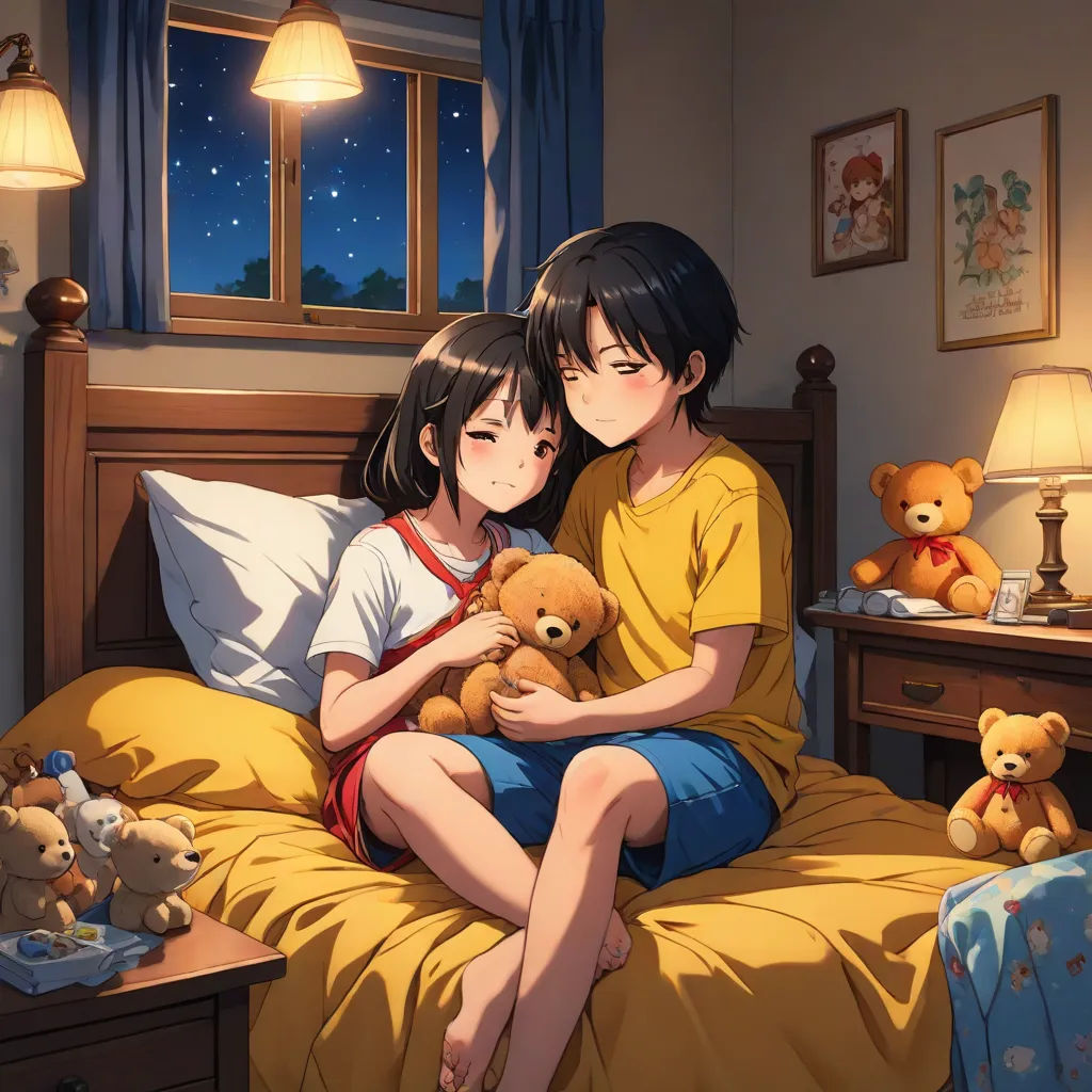 a couple of kids sitting on top of a bed next to a teddy bear in a bedroom with a window, Aya Goda, romanticism, a detailed painting, official art
