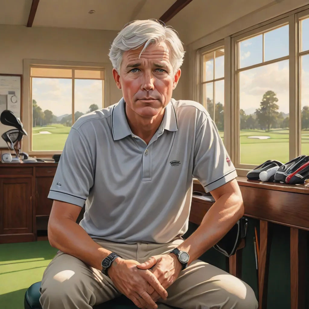 a man sitting in a room with a golf club and golf balls on the table behind him and a golf club in the background, precisionism, a hyperrealistic painting, F. Scott Hess, highly detailed digital painting