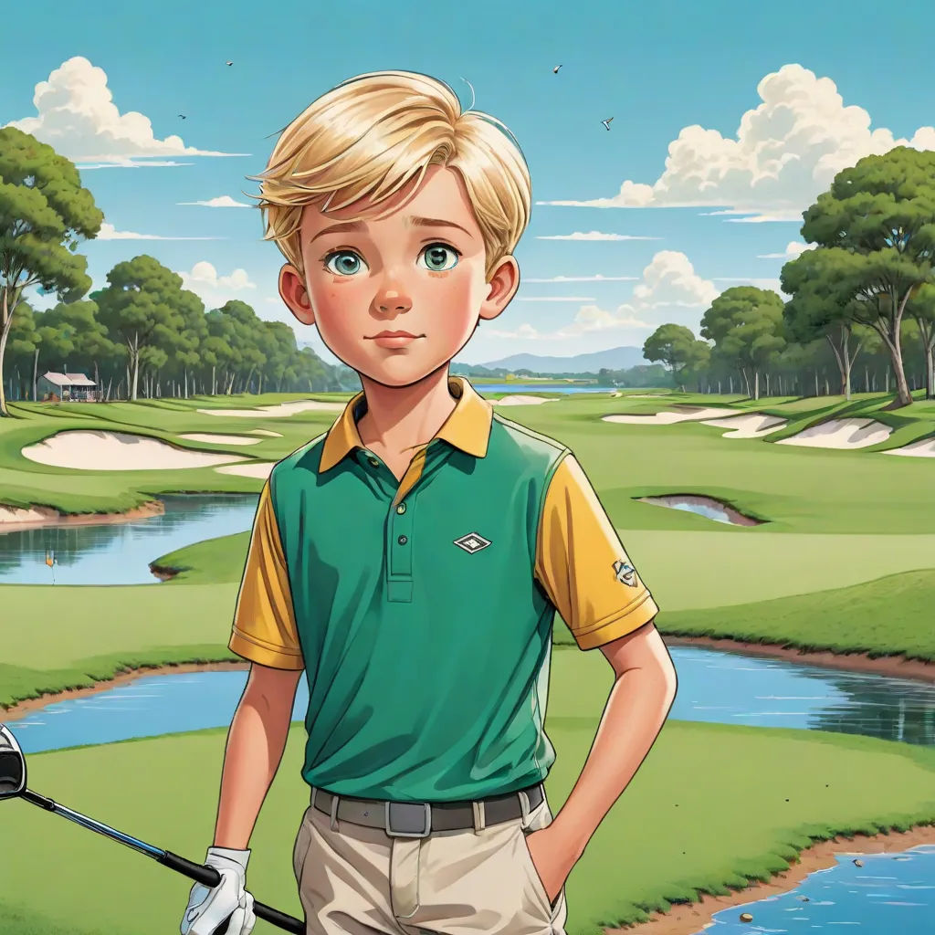 a boy in a green shirt and tan pants holding a golf club and a golf ball in his hand, american realism, a storybook illustration, Cliff Childs, graphic novel