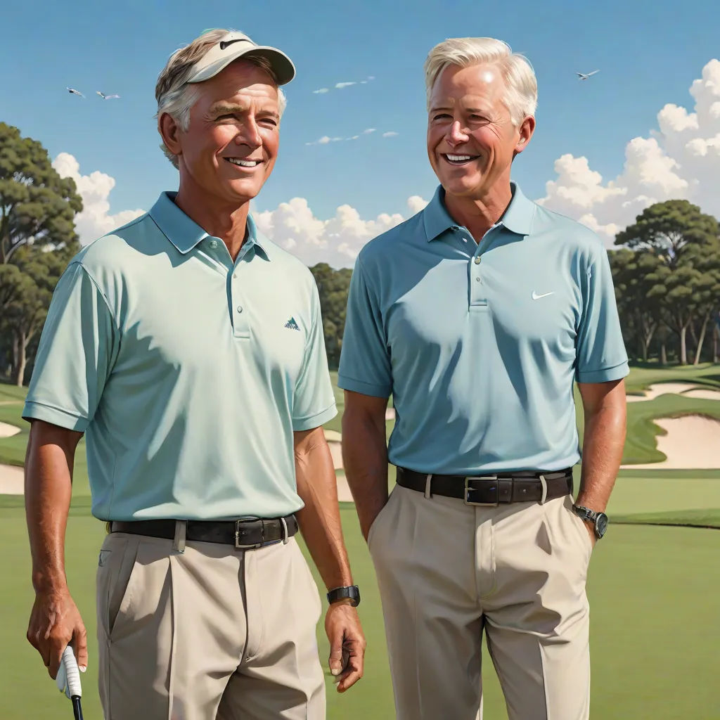 two men standing next to each other on a golf course with a sky background and clouds in the background, precisionism, a hyperrealistic painting, Brothers Hildebrandt, highly detailed digital painting