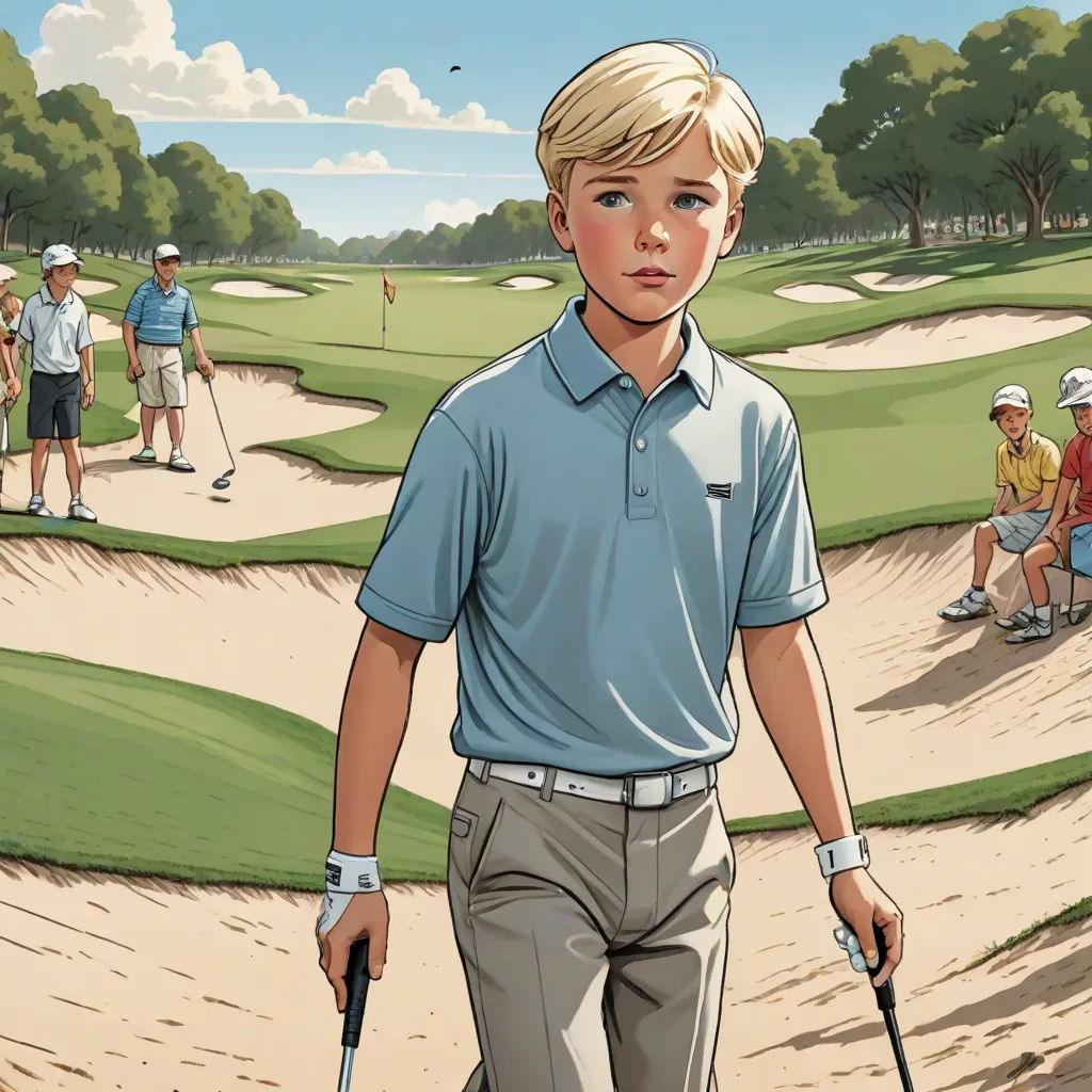 a cartoon of a boy walking with a golf club in hand and a golf ball in the other hand, american realism, a storybook illustration, F Scott Hess, graphic novel