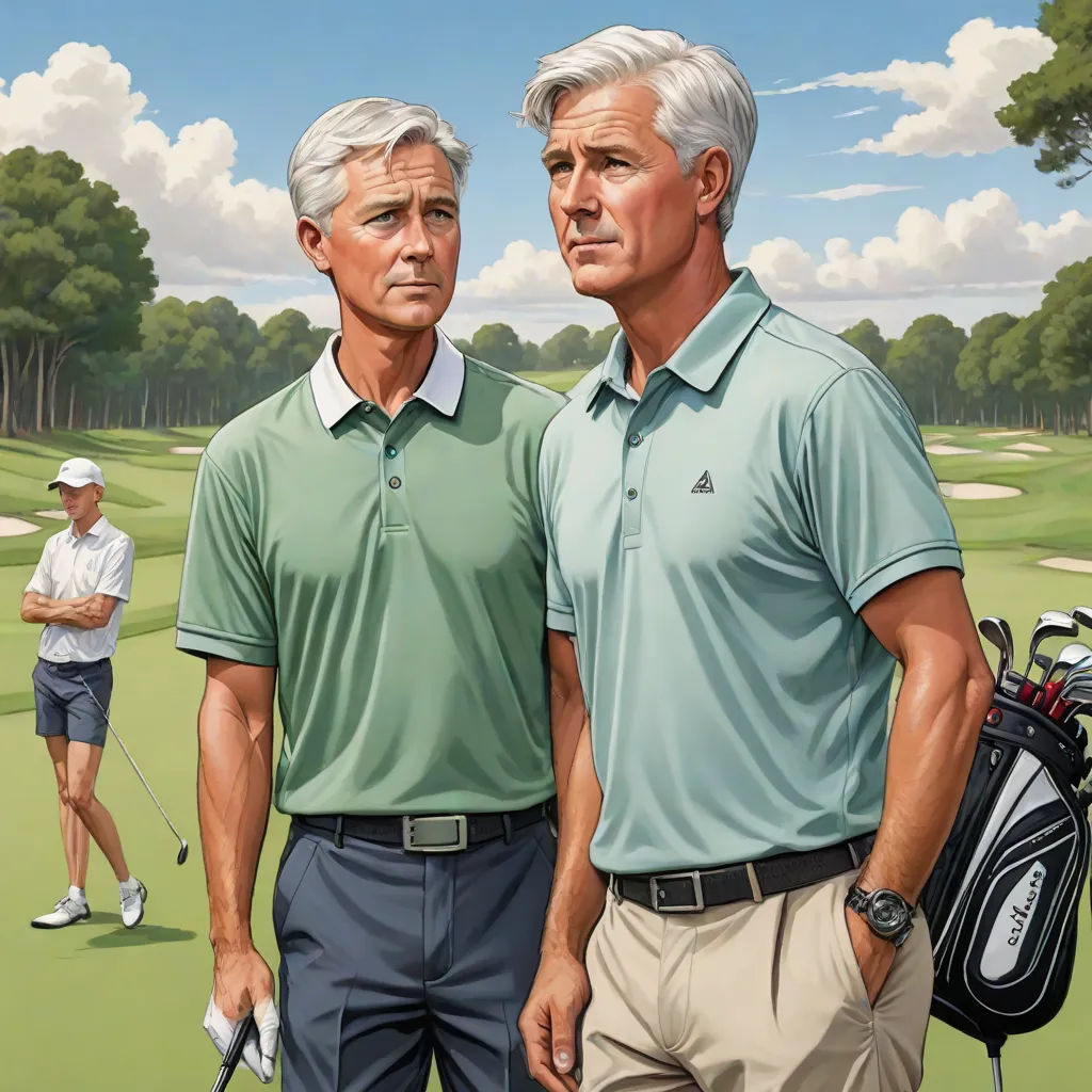 two men standing next to each other on a green field with a golf bag and a golf ball in the foreground, american realism, a digital rendering, F Scott Hess, highly detailed digital painting