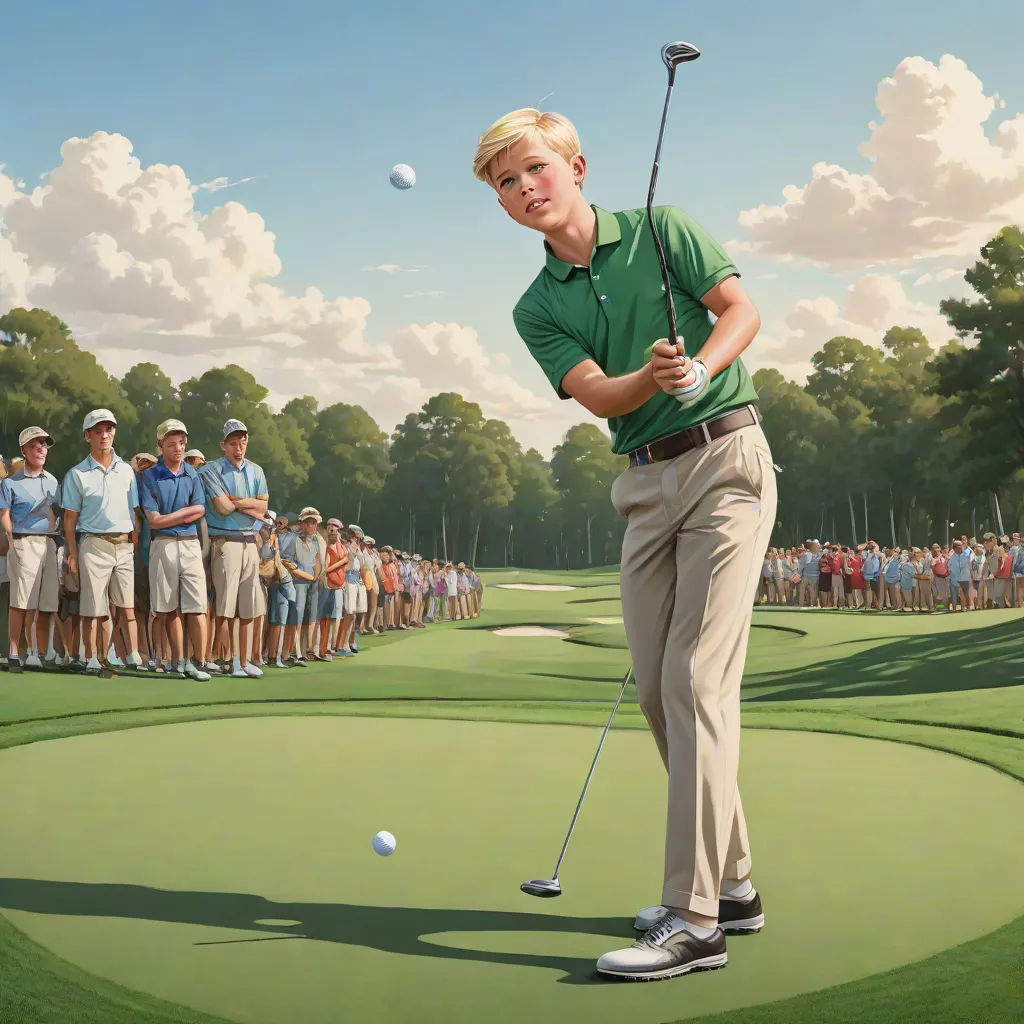 a painting of a man playing golf in front of a crowd of people on a golf course with a ball in the air, precisionism, a hyperrealistic painting, F Scott Hess, hyper realism