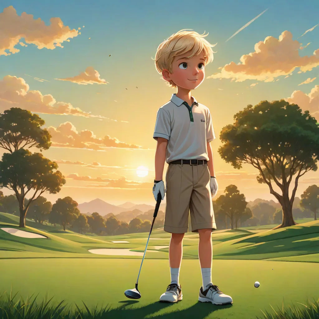 a boy in a golf outfit standing on a green golf course with a golf ball in the foreground, american scene painting, a storybook illustration, Aaron Jasinski, kinkade