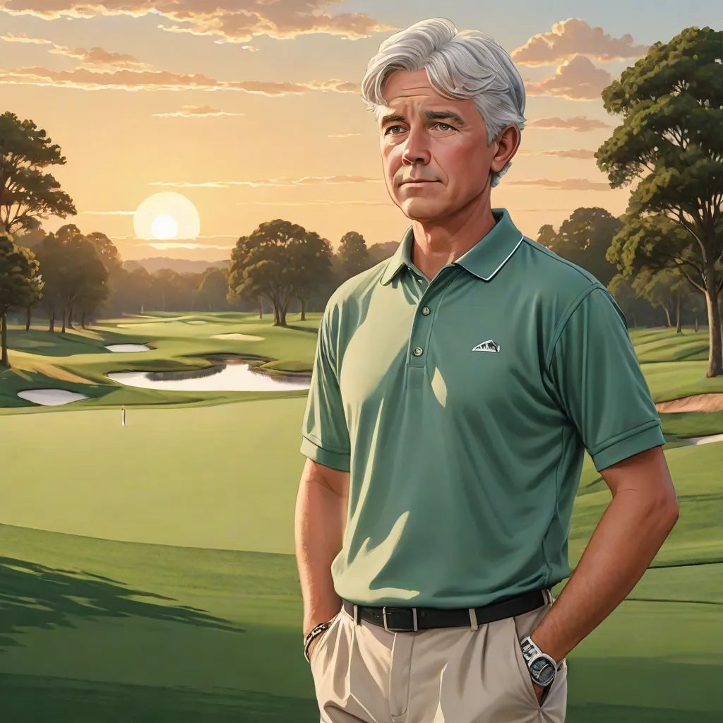 a painting of a man standing in front of a golf course at sunset with the sun setting behind him, american realism, a hyperrealistic painting, F Scott Hess, highly detailed digital painting