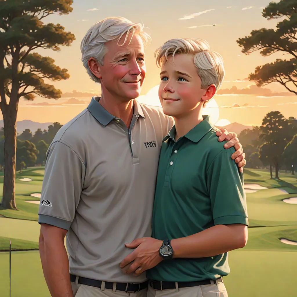 a painting of a man and a boy hugging each other on a golf course at sunset with trees in the background, american realism, a hyperrealistic painting, F Scott Hess, professional digital painting
