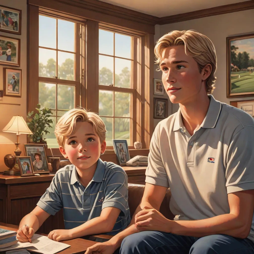 a man and a boy sitting on a couch in a living room with a window behind them and a book on the table, american scene painting, a digital rendering, Brothers Hildebrandt, professional digital painting