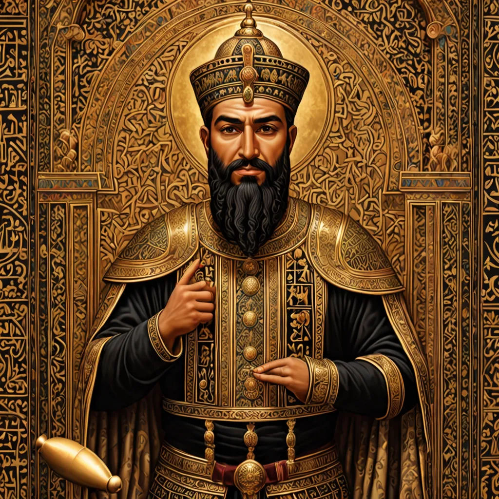 a painting of a man in a golden outfit with a beard and a beard wearing a crown and holding a pipe, qajar art, a detailed painting, Altoon Sultan, art noveau