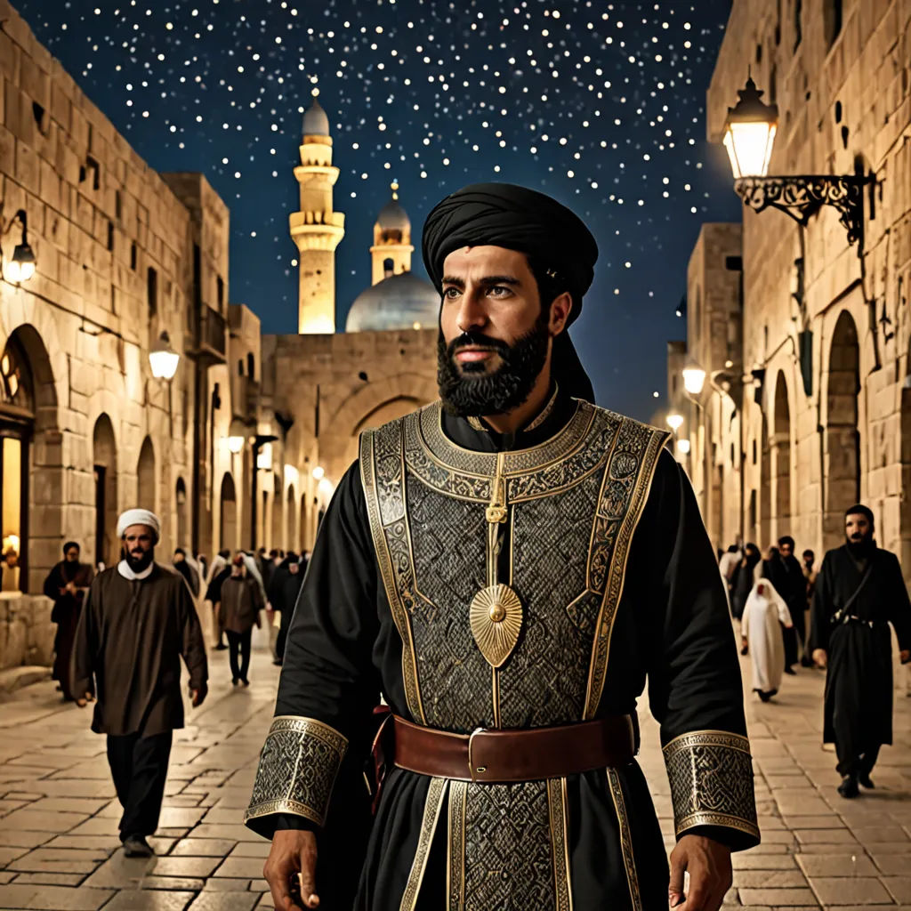 a man in a black and gold outfit standing in a street with a lot of people walking around him, hurufiyya, a detailed matte painting, Altoon Sultan, promotional image