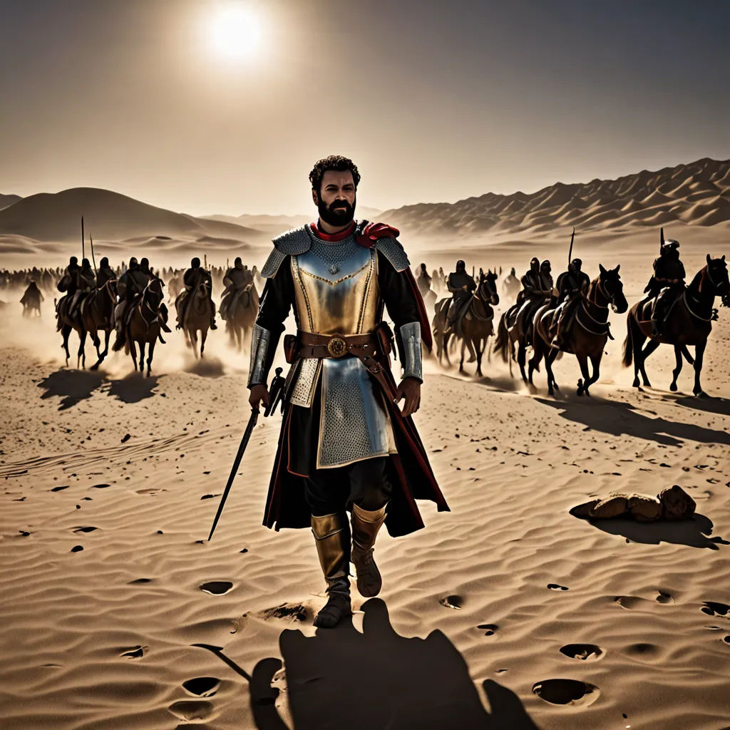 a man in a suit of armor on a horse in the desert with a group of men on horseback behind him, dau-al-set, a detailed matte painting, Altoon Sultan, cinematic photography