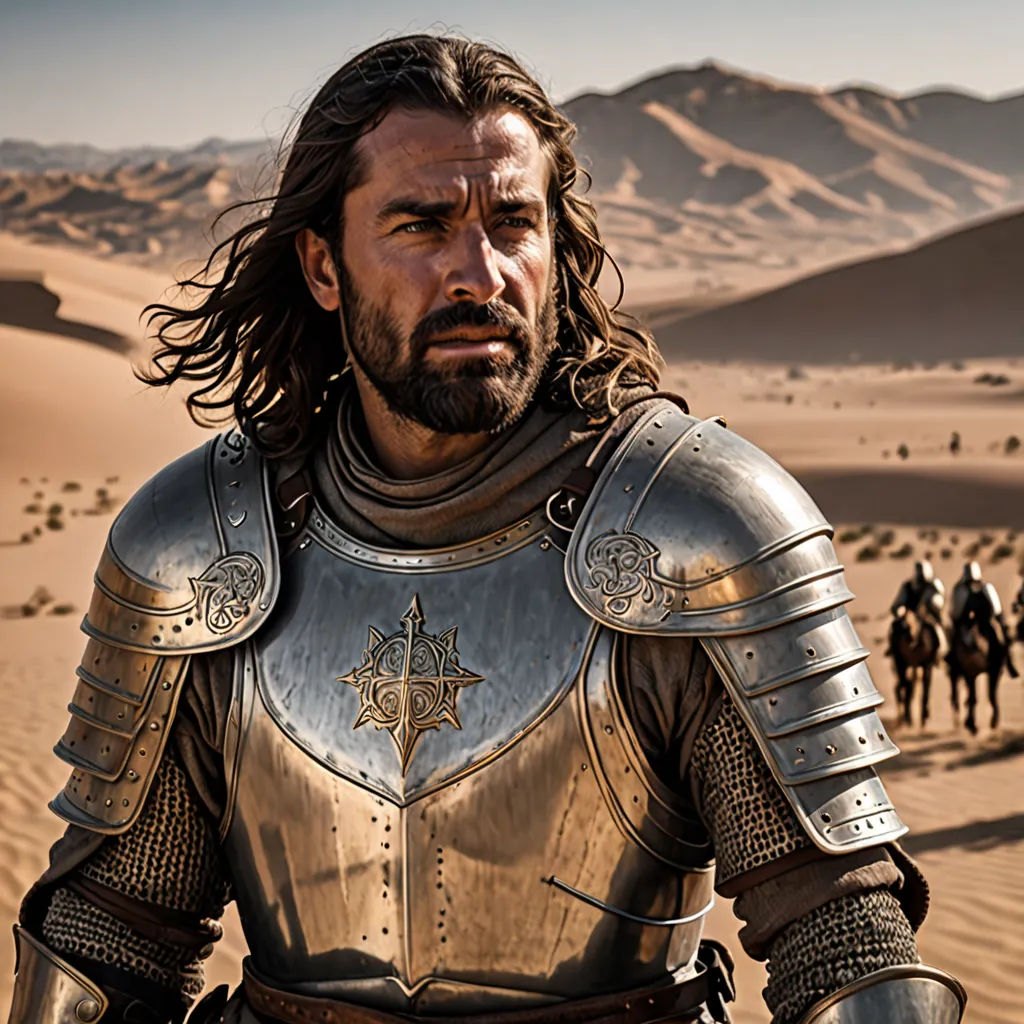 a man in a suit of armor on a desert with other men in the background on horseback in the desert, antipodeans, a character portrait, Altoon Sultan, promotional image