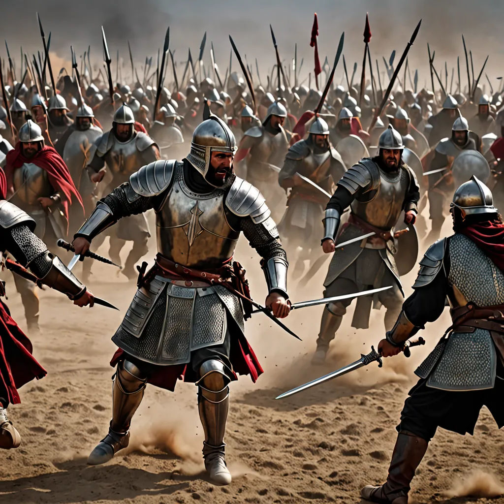 a group of men in armor and helmets are fighting in a field with other men in the background and dust behind them, antipodeans, a detailed matte painting, Boleslaw Cybis, war