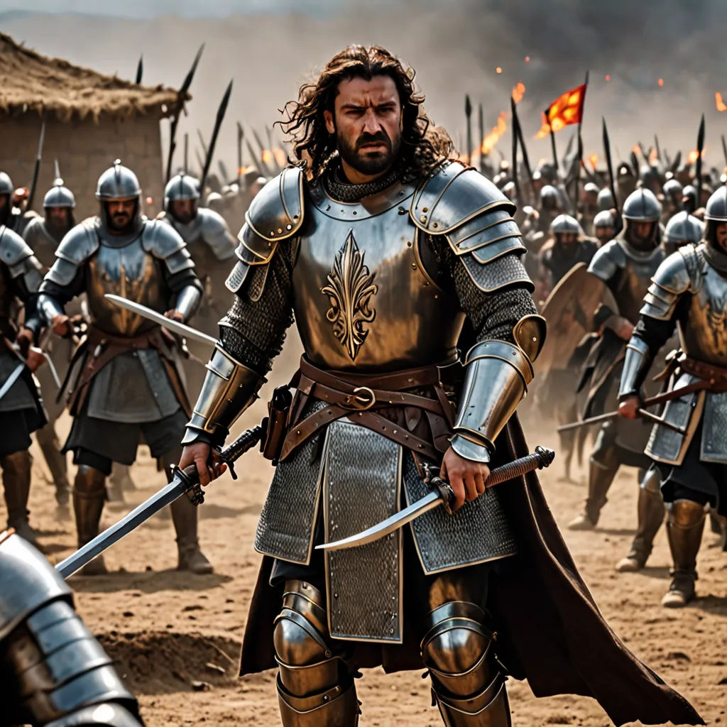 a group of men in armor standing on a dirt field with swords in their hands and a fire in the background, antipodeans, a detailed matte painting, Altoon Sultan, promotional image