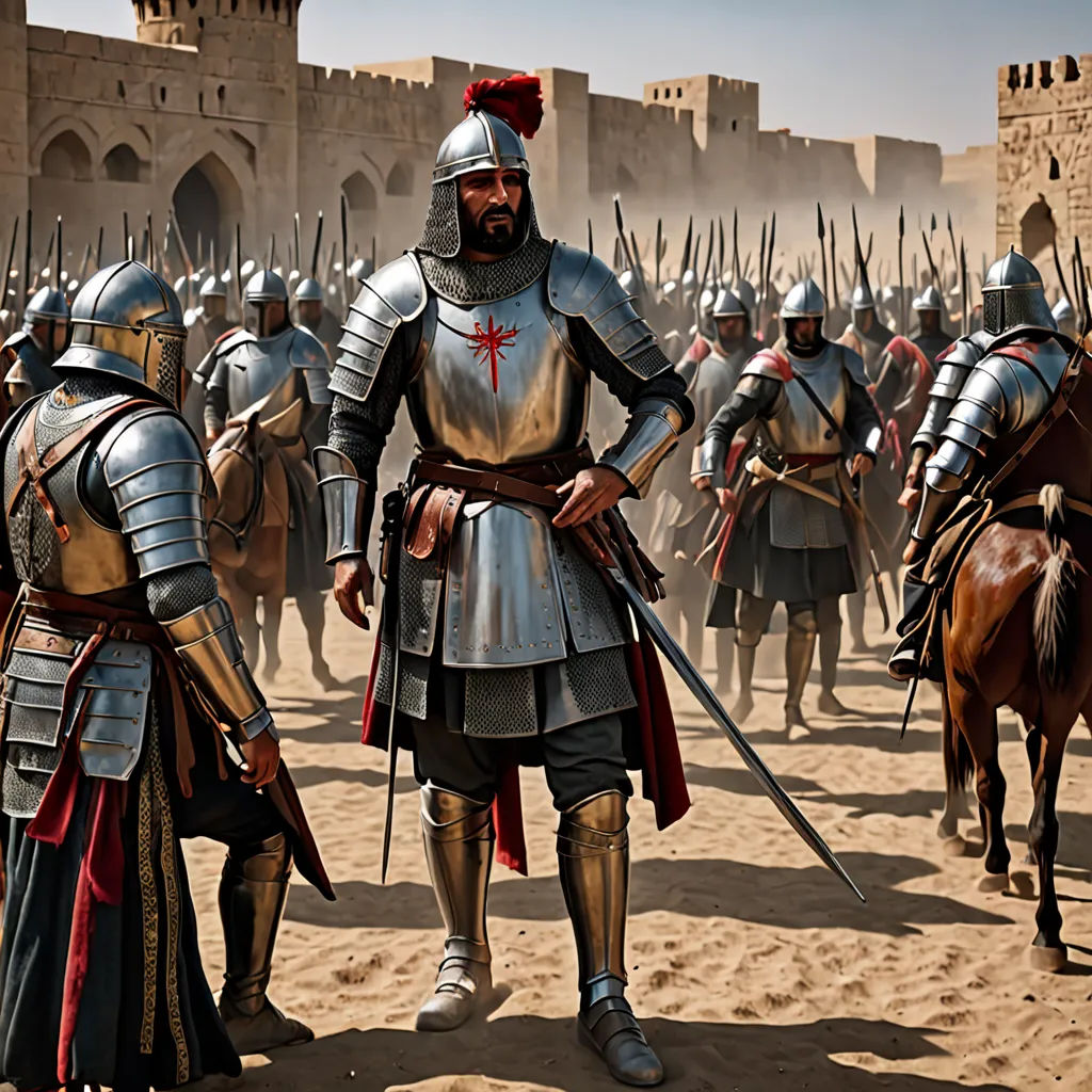 a group of men in armor standing on a dirt field next to a wall and a horse in the background, antipodeans, a detailed matte painting, Altoon Sultan, medieval