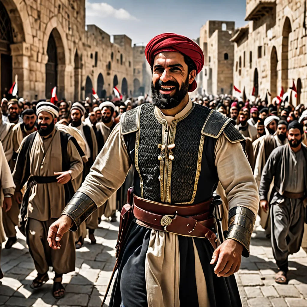 a man in a turban walking in front of a crowd of people in a city street with a brick wall, hurufiyya, a character portrait, Altoon Sultan, vfx