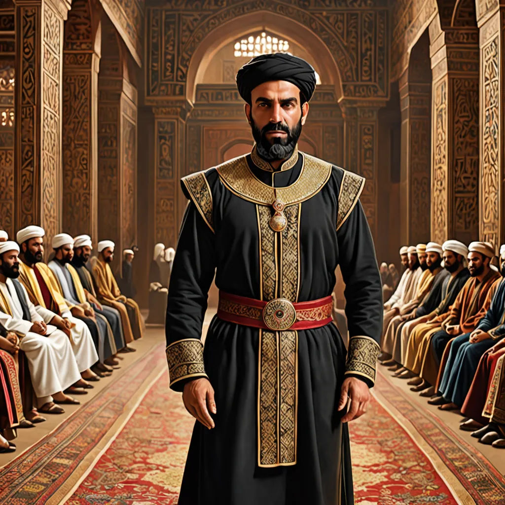 a man in a black outfit standing in front of a group of men in a room with red carpet, hurufiyya, a detailed matte painting, Altoon Sultan, promotional image